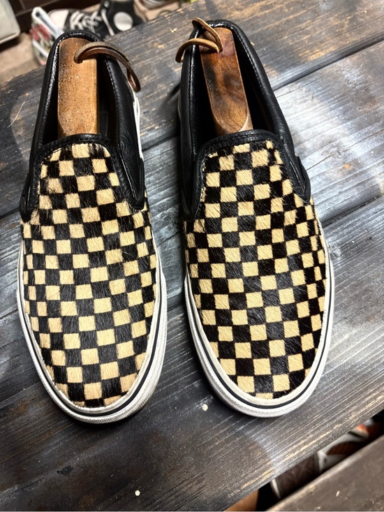 Vans Shoes - Vans black and beige checkerboard slip-on sneaker size women 9